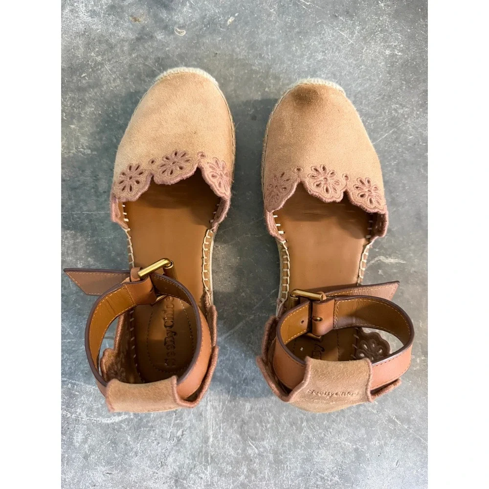 See By Chloe Glyn Suede Scalloped Espadrille Platform Ankle Strap Sandals Tan 36